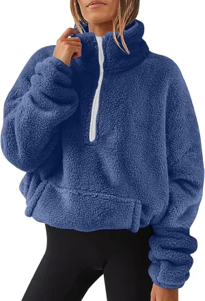 1/4 Zip Sherpa Pullover Womens Fuzzy Fleece Half Zip Pullover Oversized Zip Up Hoodie Quarter Zip Cropped Sweatshirt