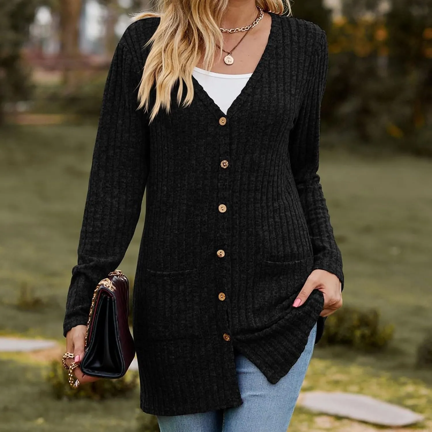 2024 Fall Cardigan Sweaters for Women Fashion Open Front Cardigan Coat Casual Solid Knit Outerwear with Pockets