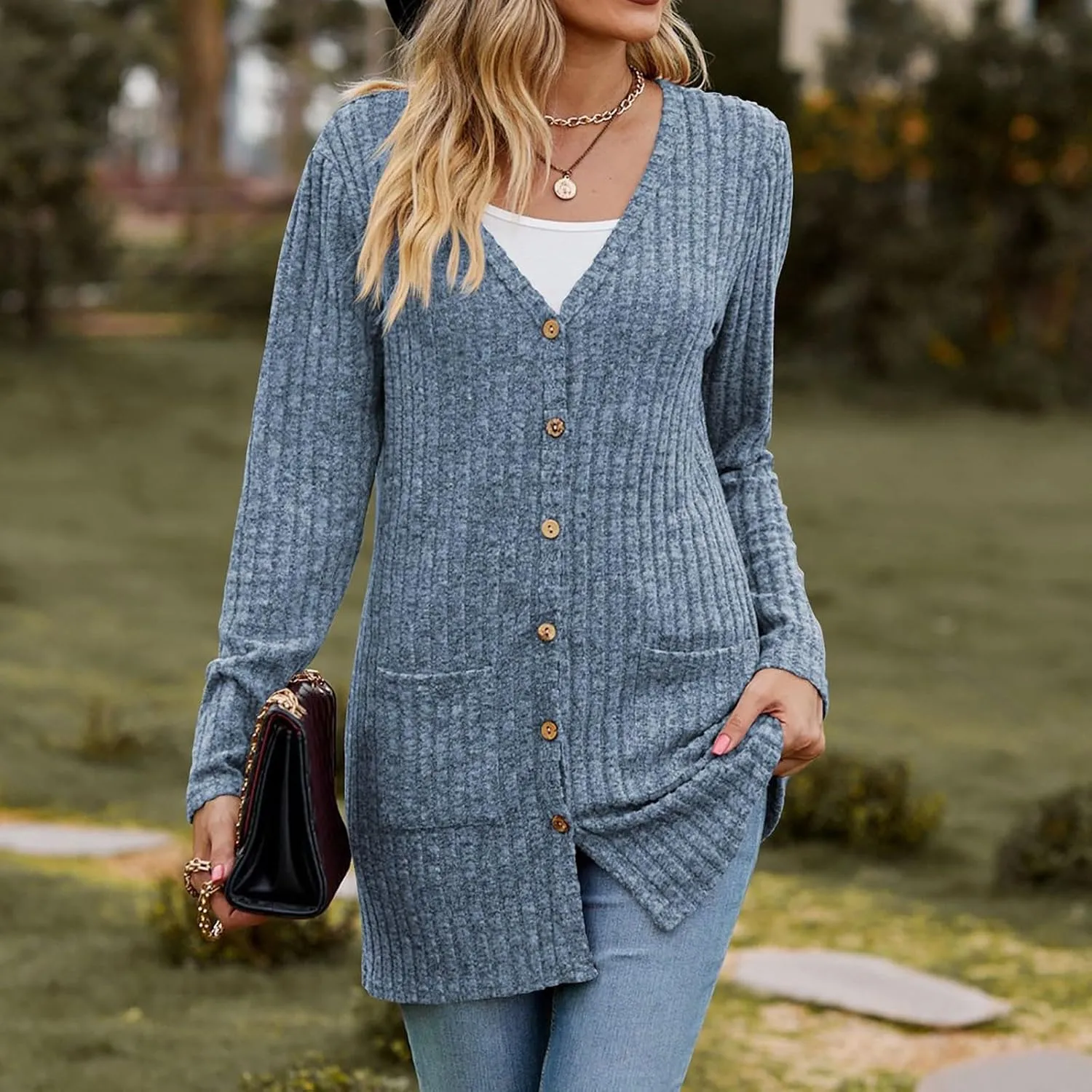 2024 Fall Cardigan Sweaters for Women Fashion Open Front Cardigan Coat Casual Solid Knit Outerwear with Pockets