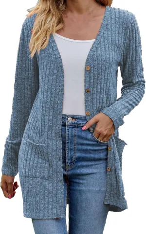 2024 Fall Cardigan Sweaters for Women Fashion Open Front Cardigan Coat Casual Solid Knit Outerwear with Pockets