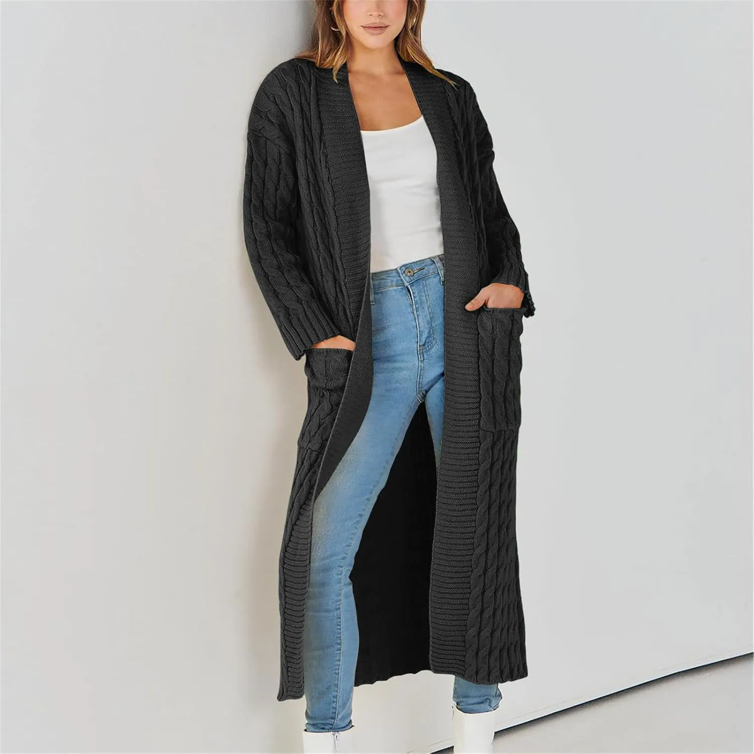 2024 Sweaters Cardigan For Women Casual Slouchy Long Sleeve Open Front Long Cardigan Chunky Warm Open Front Knit Coat