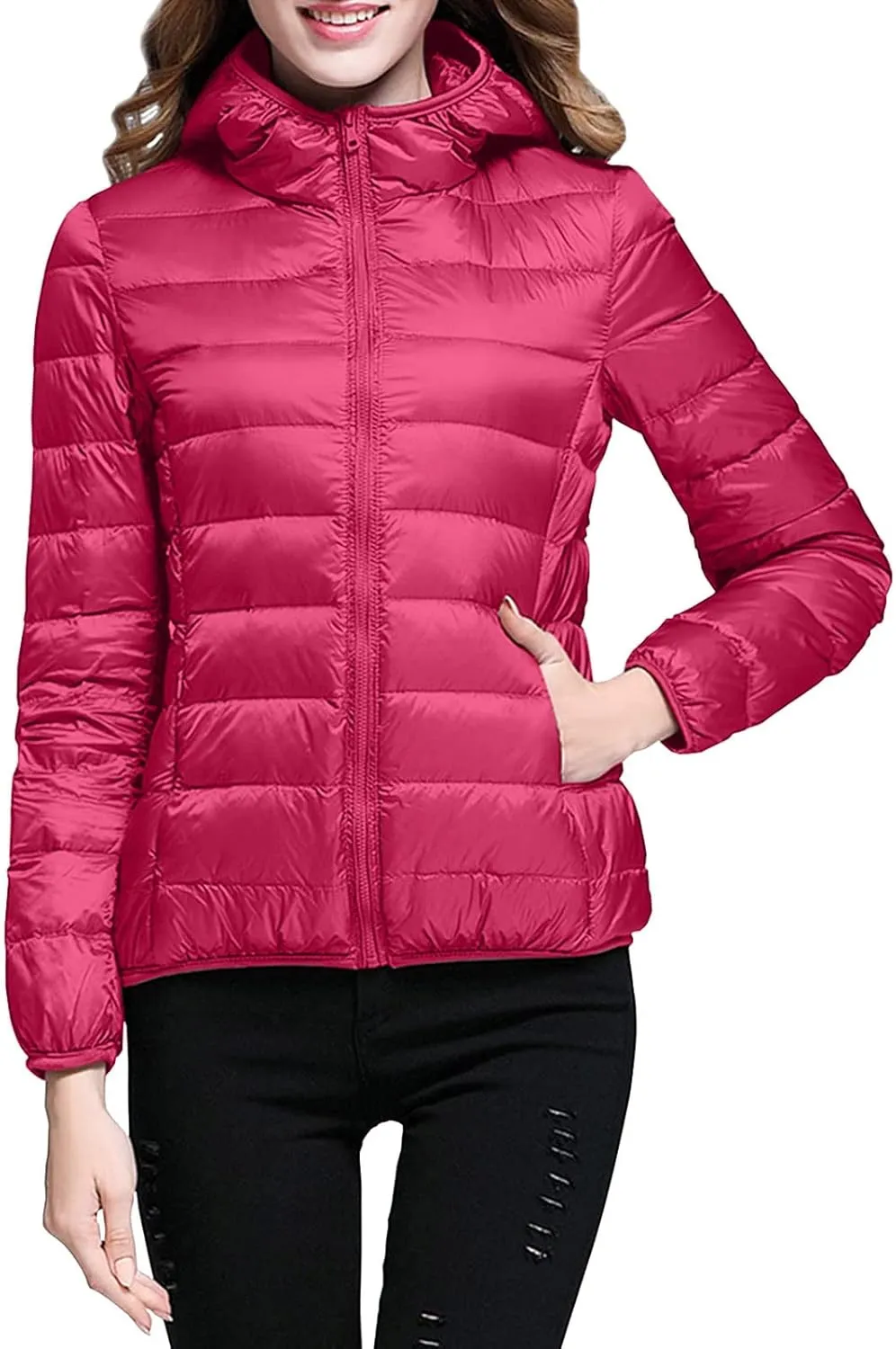 2024 Women's Hooded Packable Puffer Jackets Winter Lightweight Warm Down Coats Trendy Slim Fit Windproof Duck Down Outwear