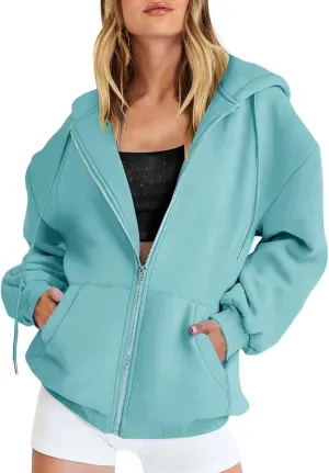 ADJHDFH Women's Fall Jacket Oversized Pocket Sweatshirt Casual Drawstring Clothing Zipper Track Jacket Solid Tech Wear
