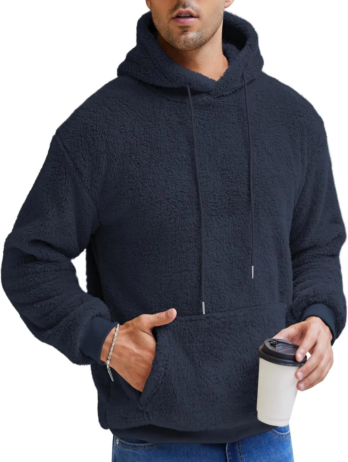 Aimeilgot Mens Hoodie Sherpa Fuzzy Soft Casual Sweatshirts Long Sleeve Classic Pullover Drawstring Hooded Outwear with Pocket