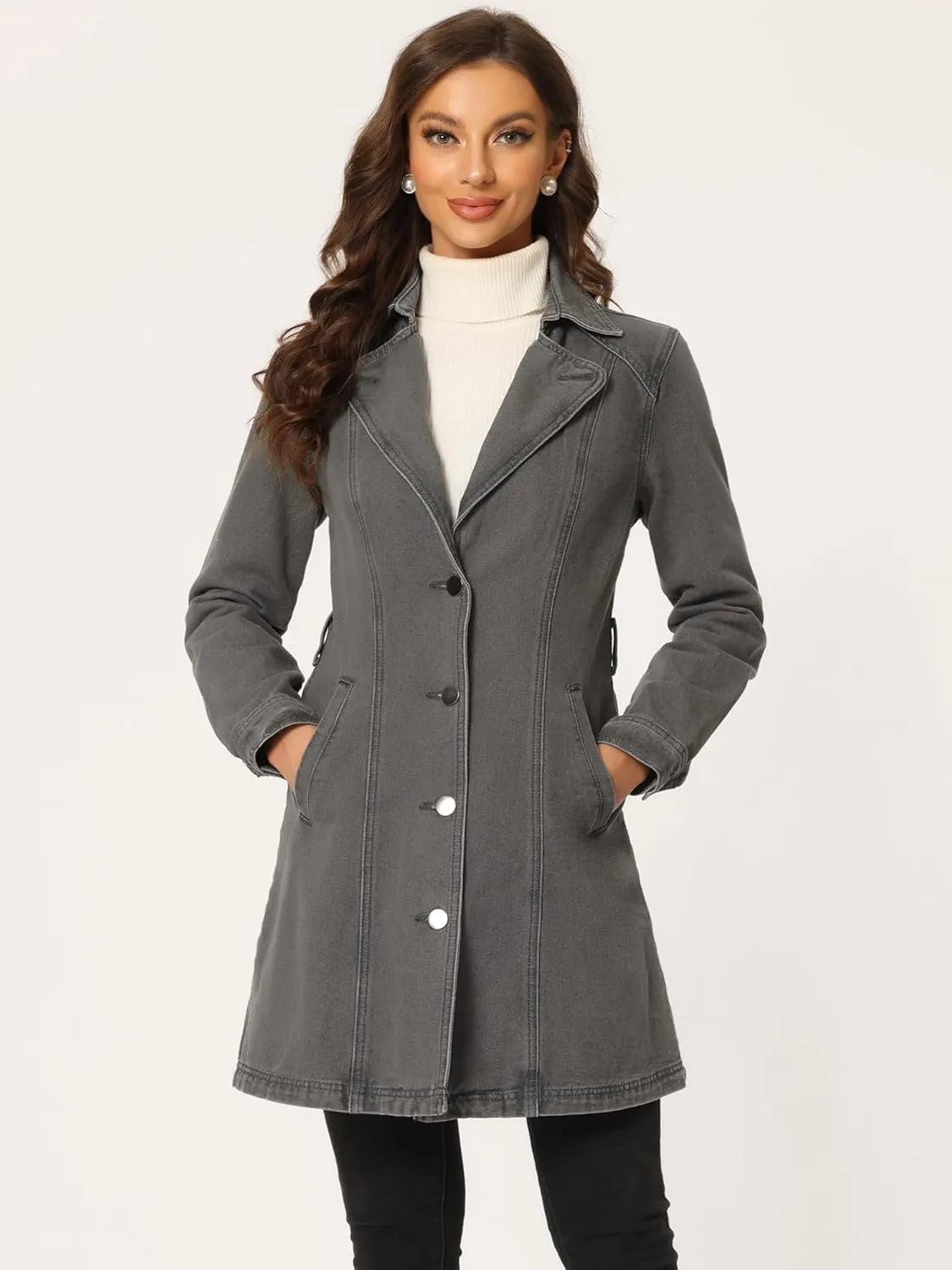 Allegra K Women's Trench Jean Jackets Notched Lapel Midi Denim Jacket