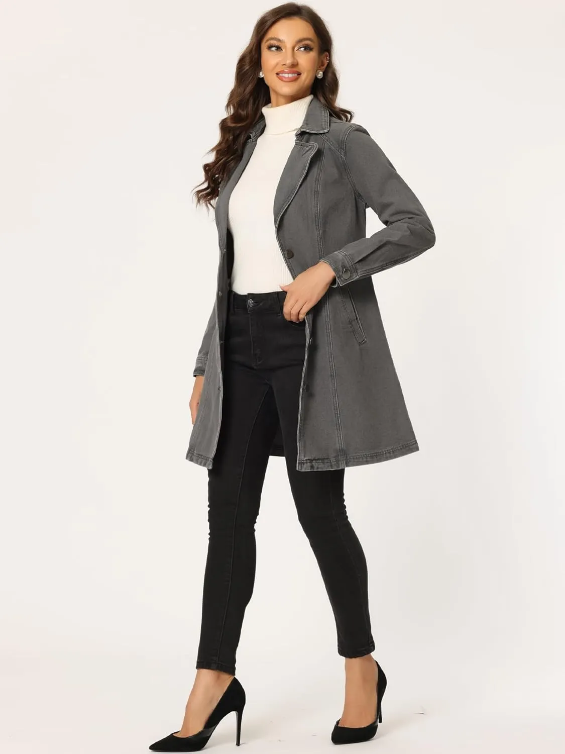 Allegra K Women's Trench Jean Jackets Notched Lapel Midi Denim Jacket