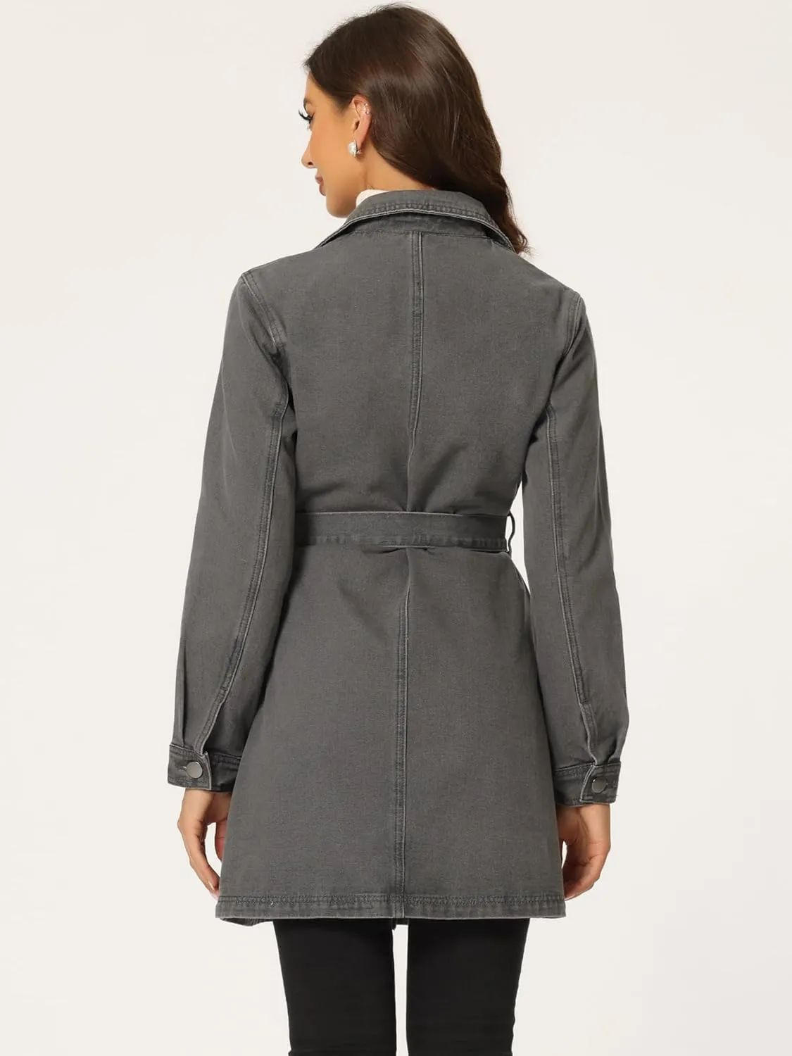 Allegra K Women's Trench Jean Jackets Notched Lapel Midi Denim Jacket
