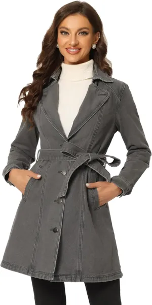 Allegra K Women's Trench Jean Jackets Notched Lapel Midi Denim Jacket