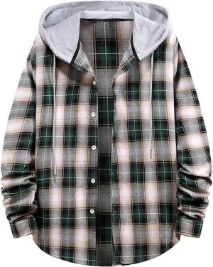 Aymnlox Hoodies for Men Fashion Long Sleeve Plaid Button Shirts Jacket With Hood Casual Stylish Drawstring Sweatshirts 2024