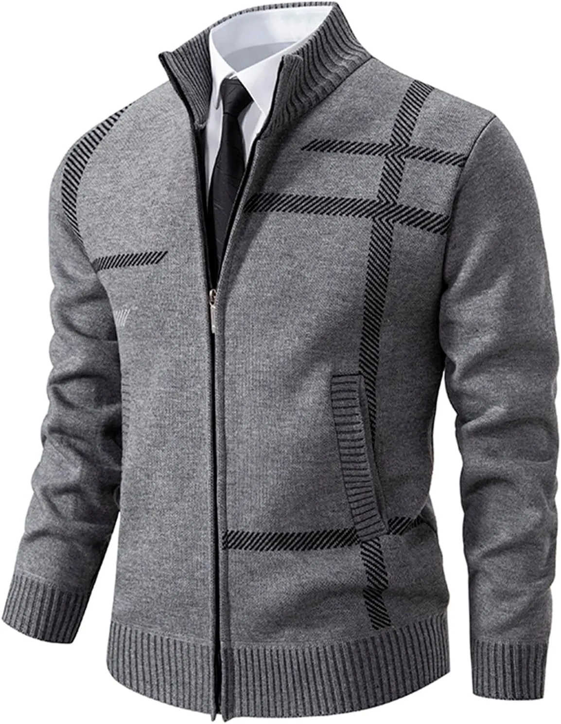 BIFUTON Mens Cardigan Sweater, Men's Full Zip Cardigan Sweater Slim Fit Cable Knitted Stand Collar Sweater Fleece Lined Coats