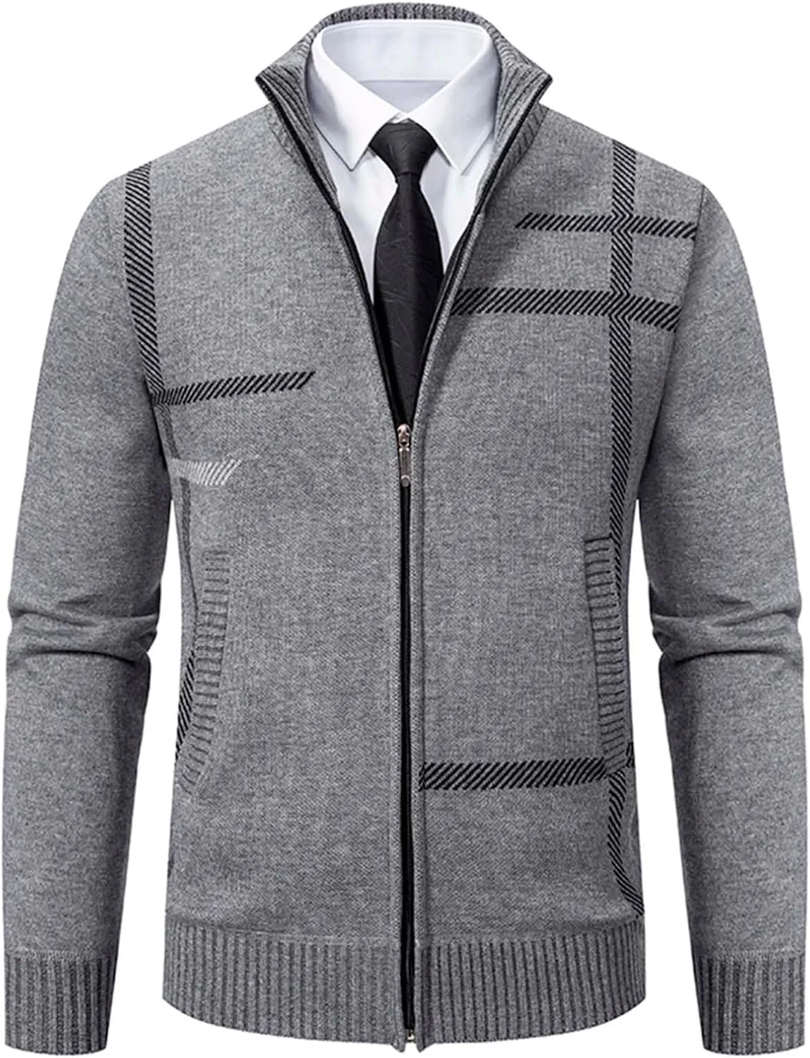 BIFUTON Mens Cardigan Sweater, Men's Full Zip Cardigan Sweater Slim Fit Cable Knitted Stand Collar Sweater Fleece Lined Coats