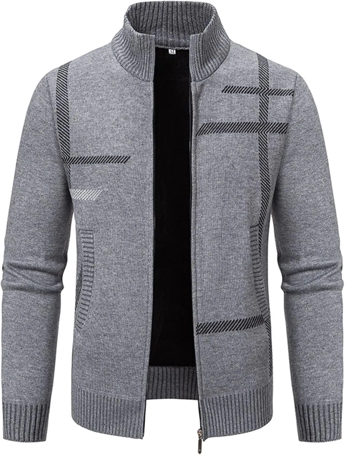 BIFUTON Mens Cardigan Sweater, Men's Full Zip Cardigan Sweater Slim Fit Cable Knitted Stand Collar Sweater Fleece Lined Coats