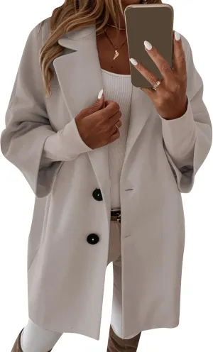 BOFETA Women's Winter Notched Lapel Double Breasted Coat 3/4 Sleeve Solid Color Trench Pea Coat with Pockets