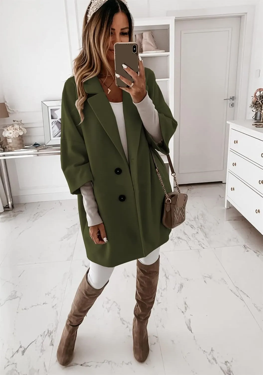 BOFETA Women's Winter Notched Lapel Double Breasted Coat 3/4 Sleeve Solid Color Trench Pea Coat with Pockets