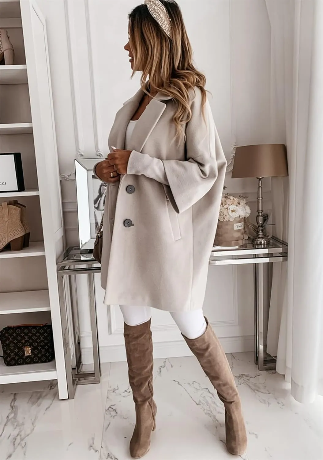 BOFETA Women's Winter Notched Lapel Double Breasted Coat 3/4 Sleeve Solid Color Trench Pea Coat with Pockets