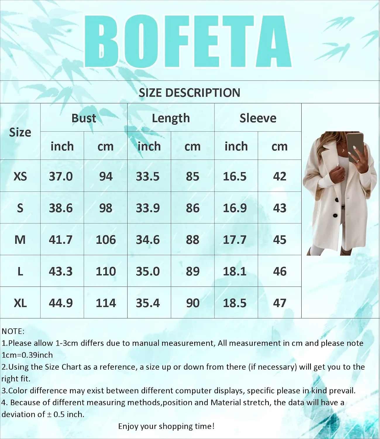 BOFETA Women's Winter Notched Lapel Double Breasted Coat 3/4 Sleeve Solid Color Trench Pea Coat with Pockets