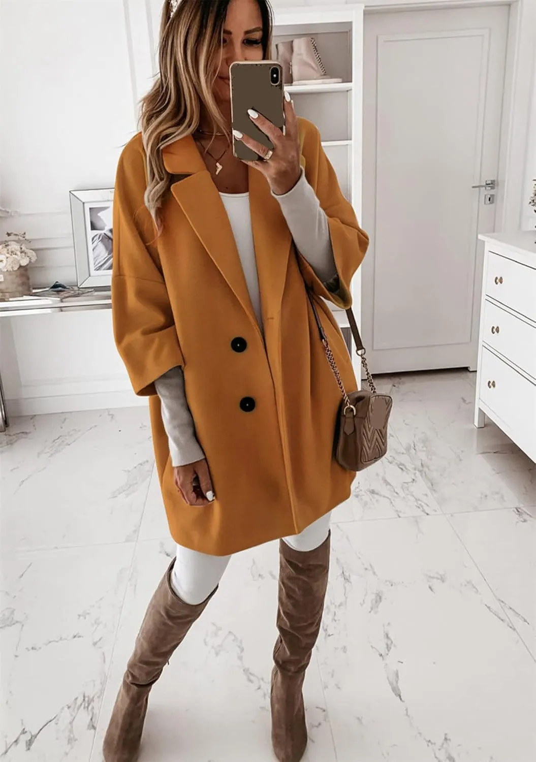 BOFETA Women's Winter Notched Lapel Double Breasted Coat 3/4 Sleeve Solid Color Trench Pea Coat with Pockets