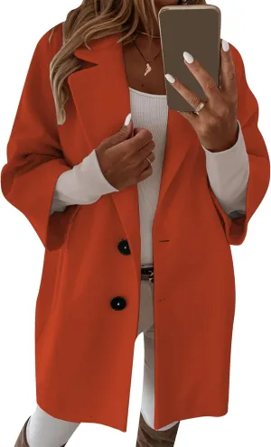 BOFETA Women's Winter Notched Lapel Double Breasted Coat 3/4 Sleeve Solid Color Trench Pea Coat with Pockets