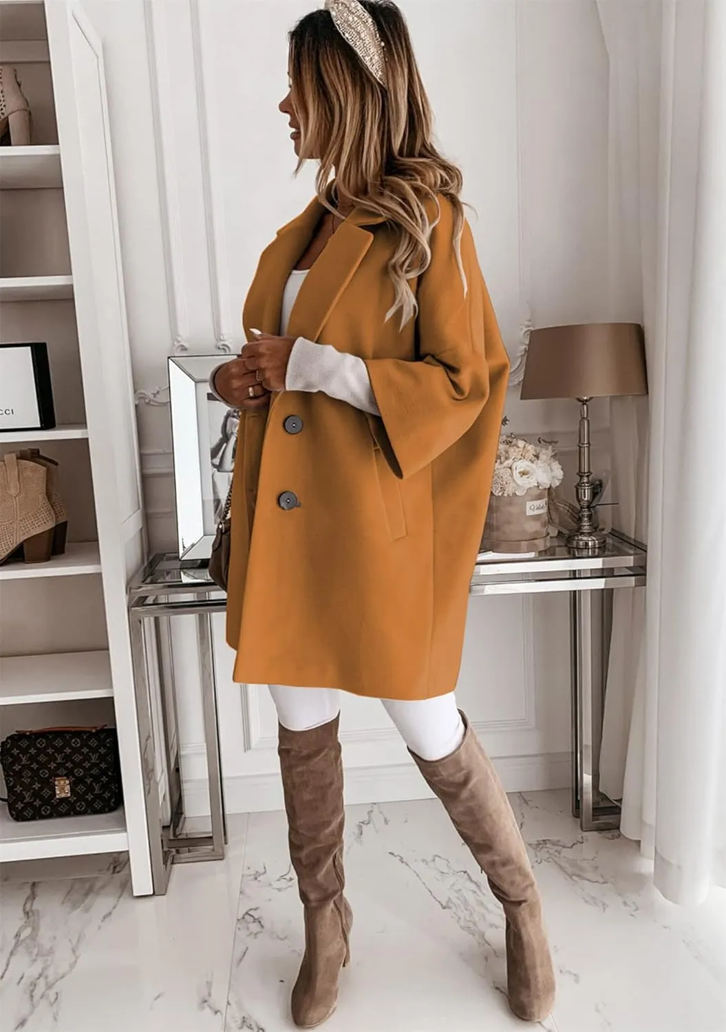 BOFETA Women's Winter Notched Lapel Double Breasted Coat 3/4 Sleeve Solid Color Trench Pea Coat with Pockets