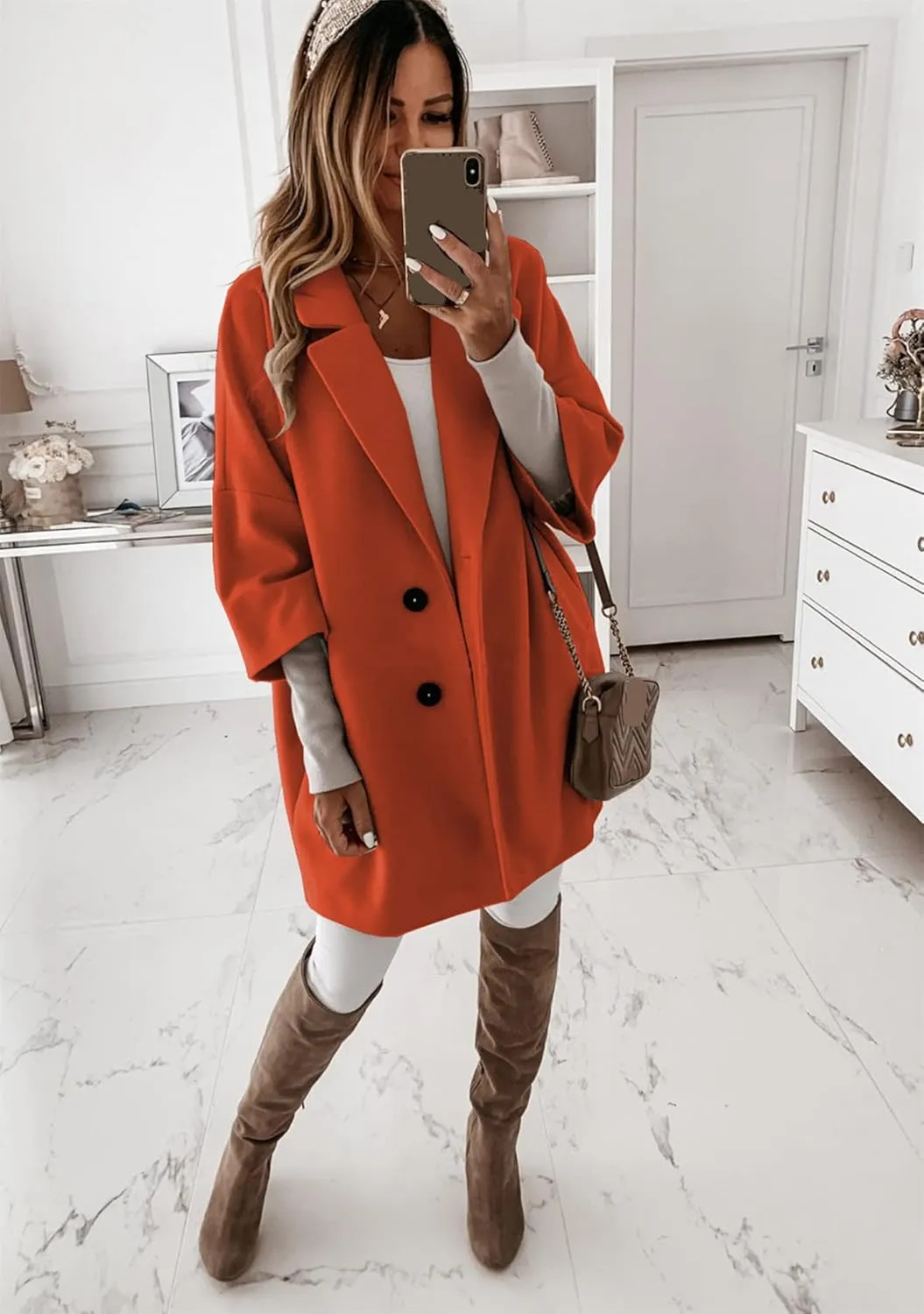 BOFETA Women's Winter Notched Lapel Double Breasted Coat 3/4 Sleeve Solid Color Trench Pea Coat with Pockets