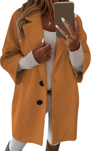 BOFETA Women's Winter Notched Lapel Double Breasted Coat 3/4 Sleeve Solid Color Trench Pea Coat with Pockets
