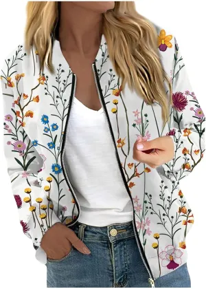 Bomber Jacket Gifts for Women Fashion Floral Pattern Coat Lightweight Zip Up Outwears Fall Winter Heated Jacket