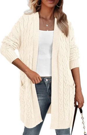 BTFBM Casual Cardigan for Women 2024 Fall Open Front Cable Knit Sweater Long Sleeve Chunky Knit Outerwear with Belt
