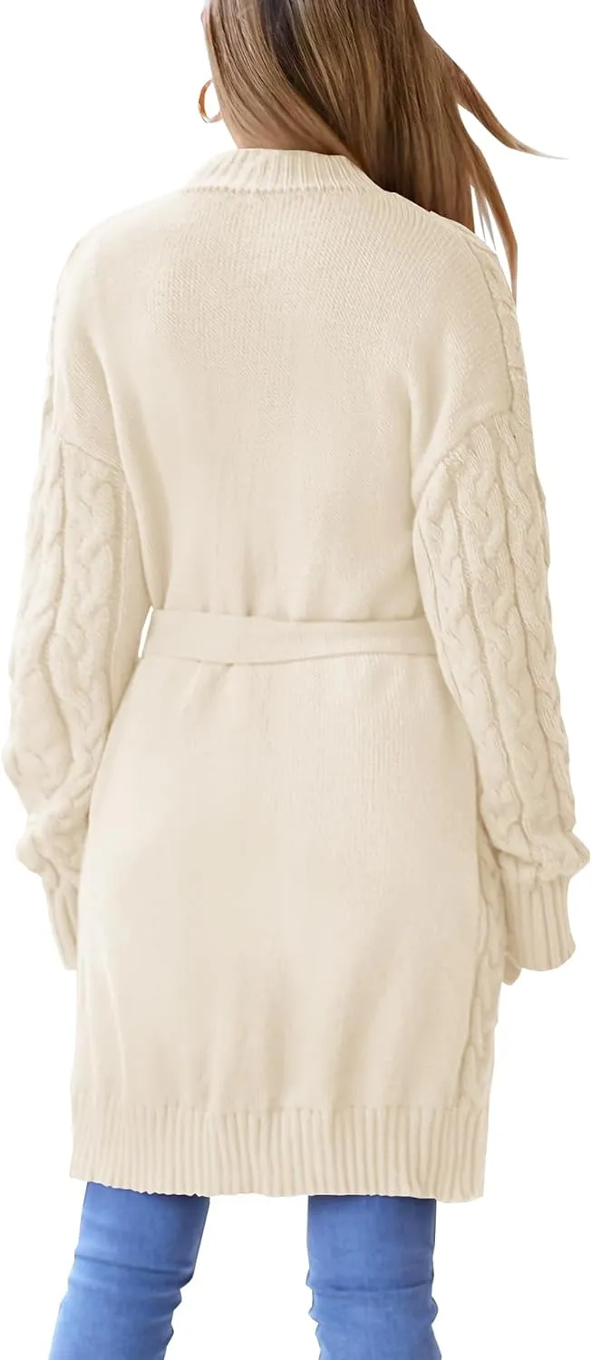 BTFBM Casual Cardigan for Women 2024 Fall Open Front Cable Knit Sweater Long Sleeve Chunky Knit Outerwear with Belt
