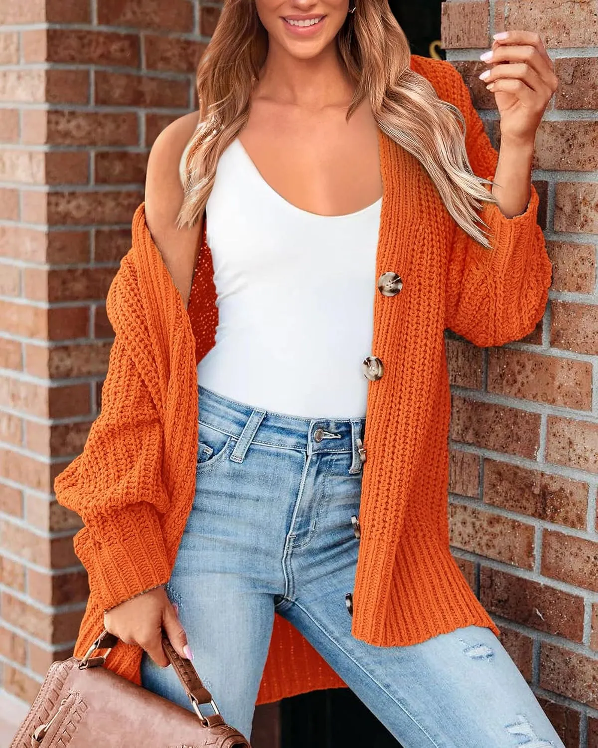 BTFBM Women's Button Down Cardigan Coat Long Sleeve Fall Winter Clothes Loose Chunky Knit Open Front Sweater Outerwear