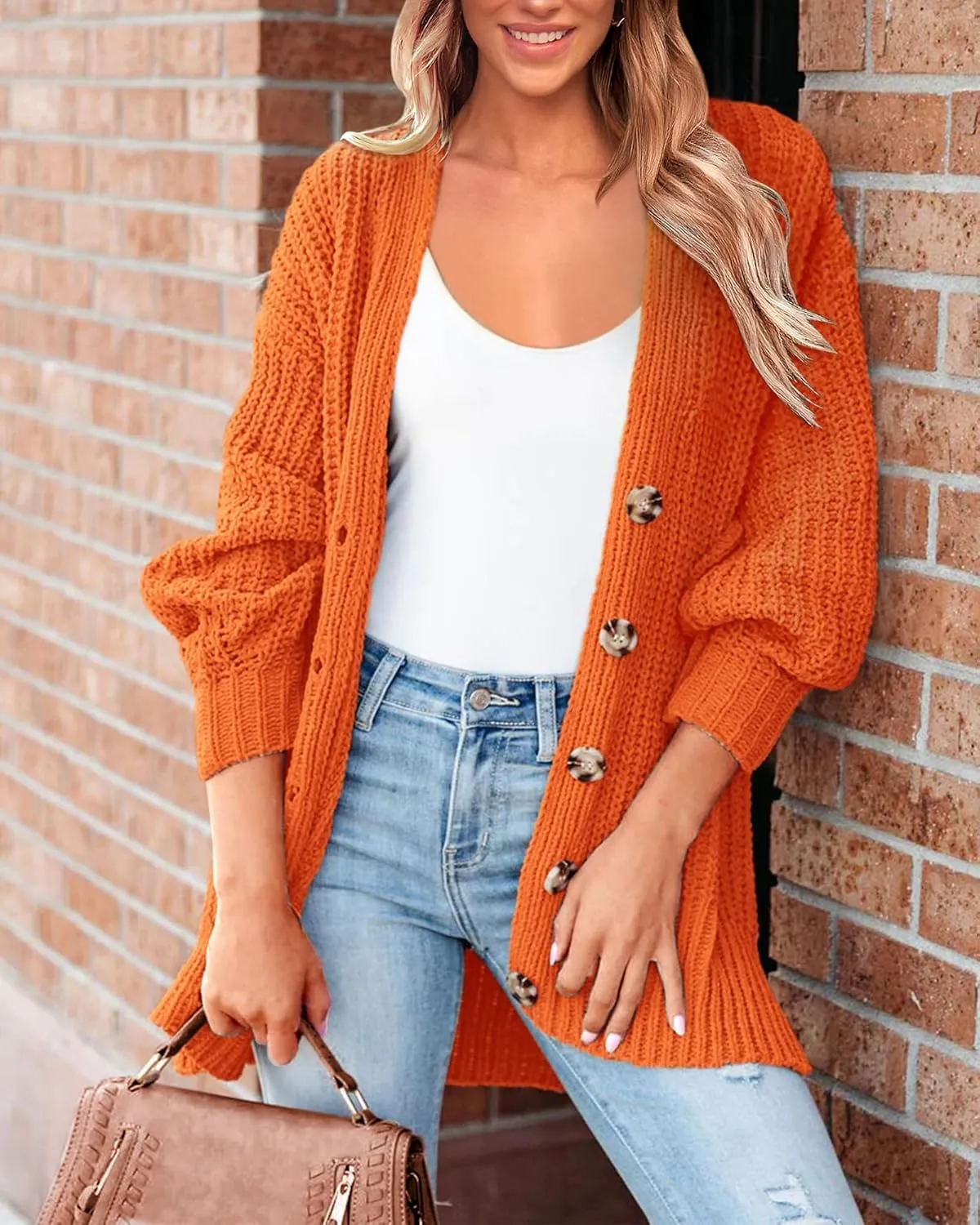 BTFBM Women's Button Down Cardigan Coat Long Sleeve Fall Winter Clothes Loose Chunky Knit Open Front Sweater Outerwear