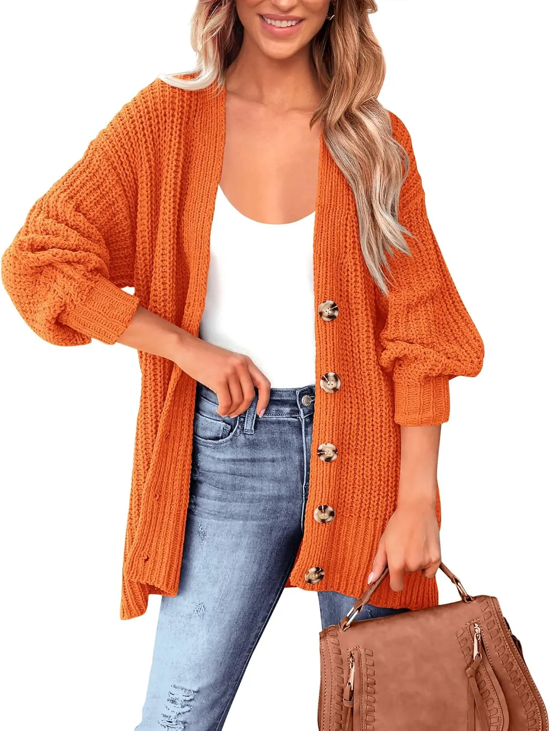 BTFBM Women's Button Down Cardigan Coat Long Sleeve Fall Winter Clothes Loose Chunky Knit Open Front Sweater Outerwear