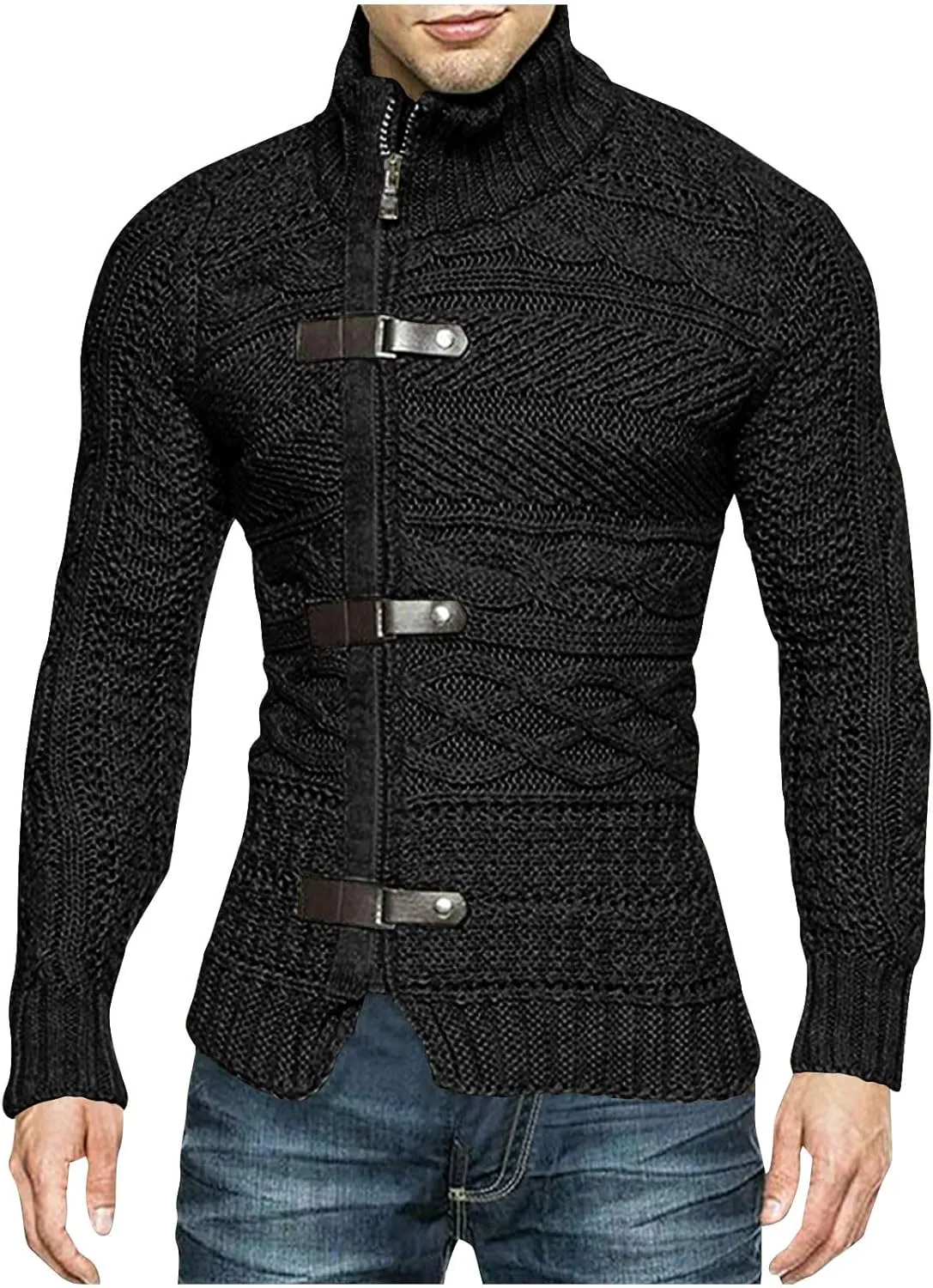 Cable Chunky Knit Cardigans Men's Turtleneck Cable Knitted Zip Button Front Long Sleeve Cardigan Slim Fit Sweater