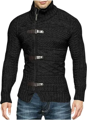 Cable Chunky Knit Cardigans Men's Turtleneck Cable Knitted Zip Button Front Long Sleeve Cardigan Slim Fit Sweater