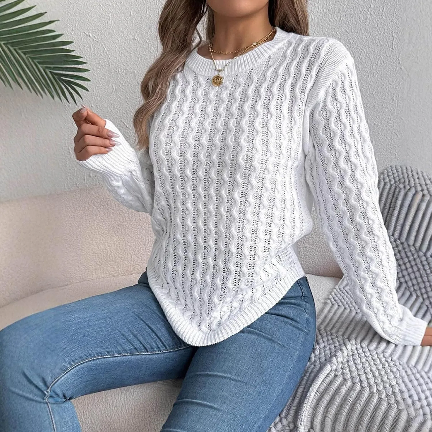 Cable Knit Sweater for Womens Lightweight Soft Solid Pullover Tops Ladies Classic Business Casual Trendy Sweaters