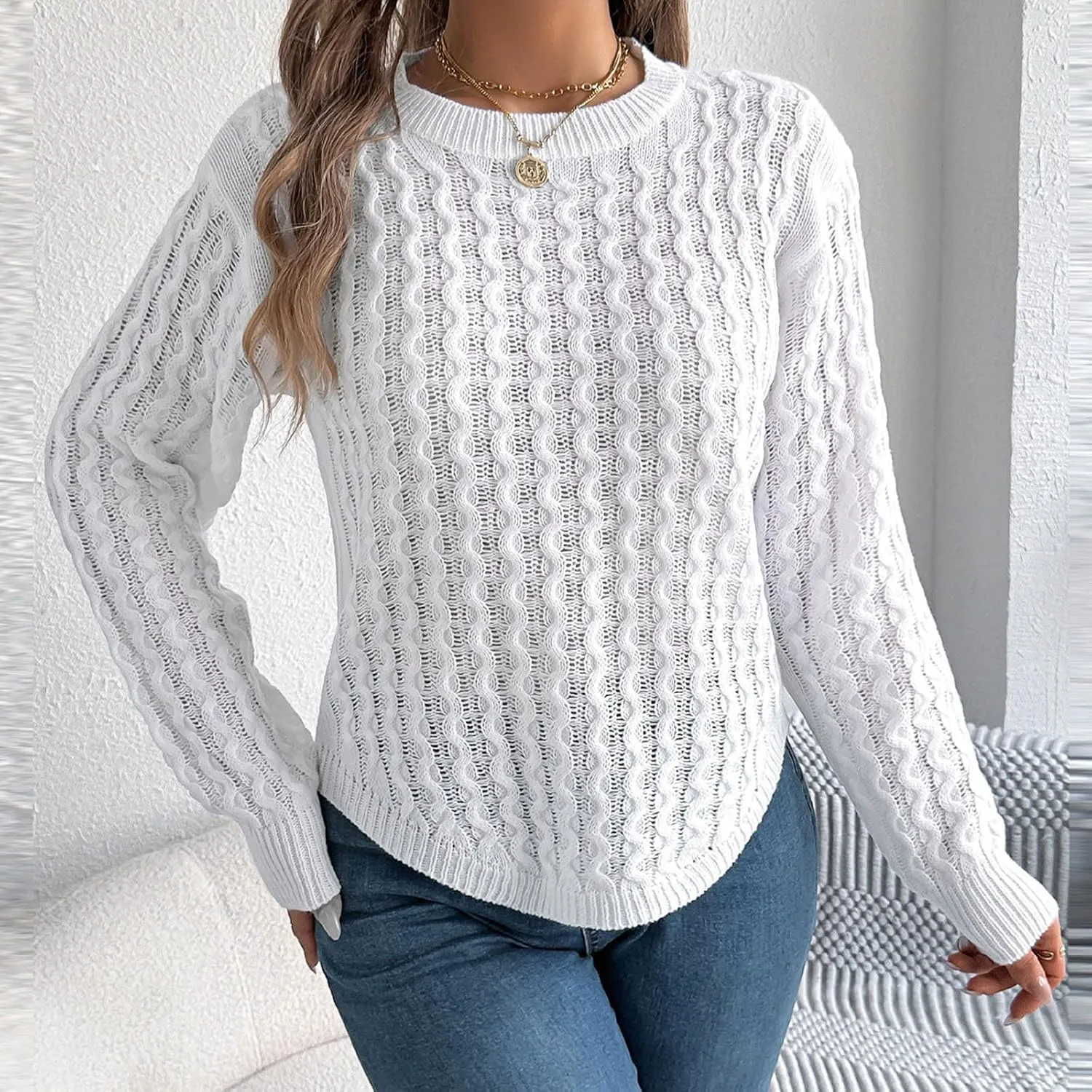 Cable Knit Sweater for Womens Lightweight Soft Solid Pullover Tops Ladies Classic Business Casual Trendy Sweaters