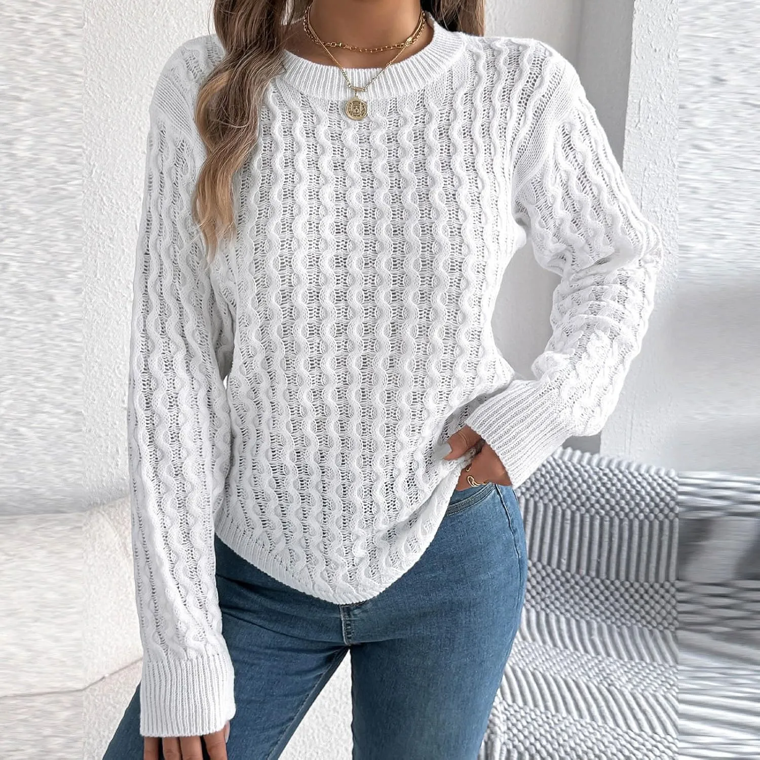 Cable Knit Sweater for Womens Lightweight Soft Solid Pullover Tops Ladies Classic Business Casual Trendy Sweaters
