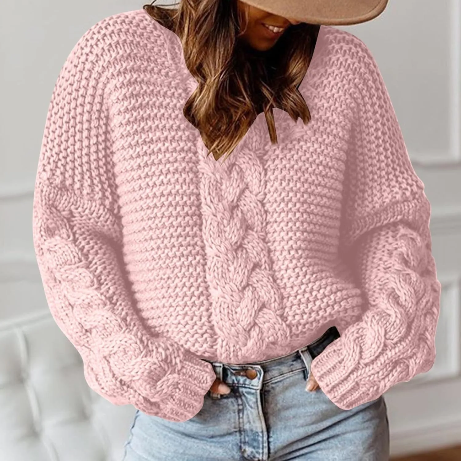 Cable Knit Sweater Women Cozy Plus Size Chunky Pullover Sweaters Ladies Soft Long Sleeve Knitted Winter Sweater
