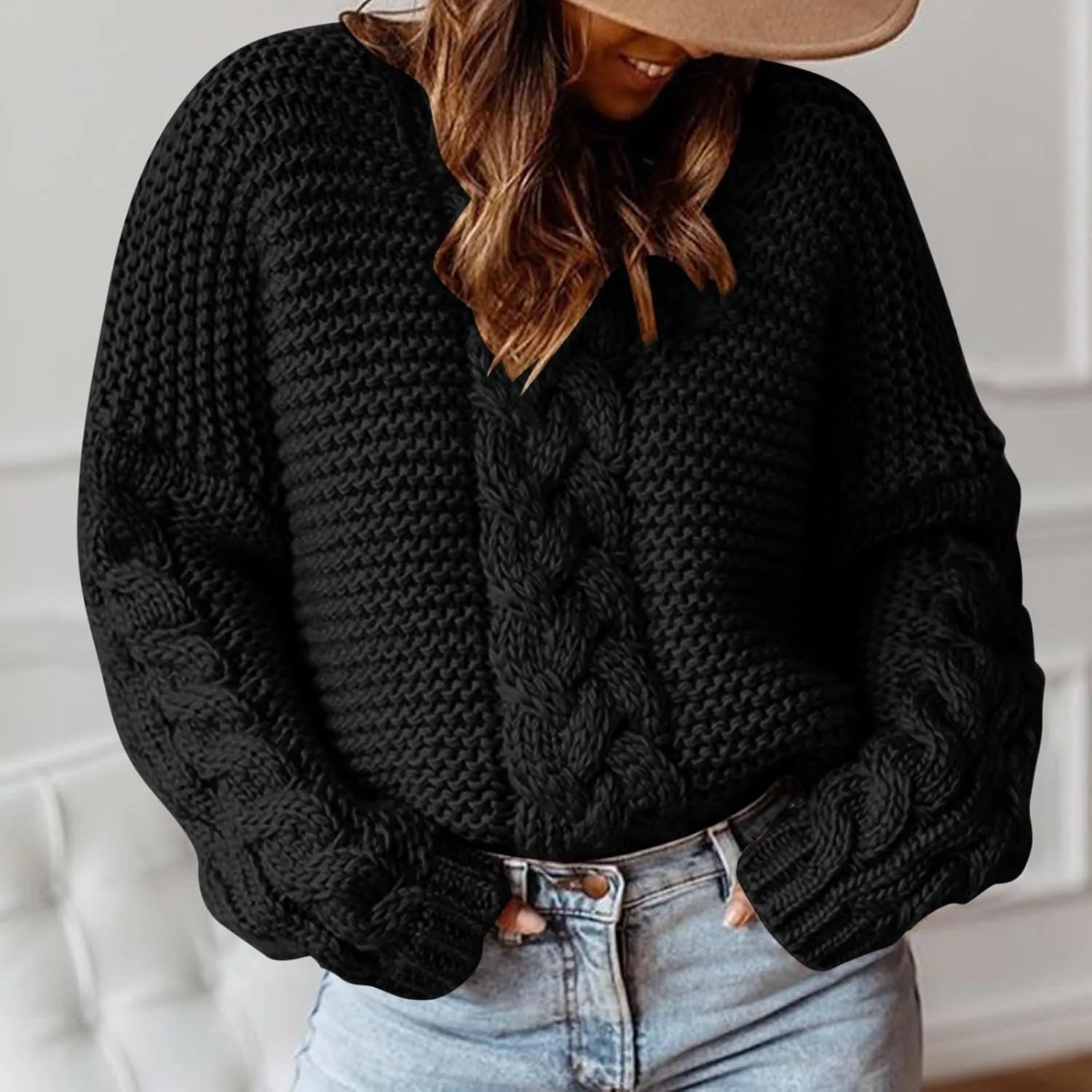 Cable Knit Sweater Women Cozy Plus Size Chunky Pullover Sweaters Ladies Soft Long Sleeve Knitted Winter Sweater