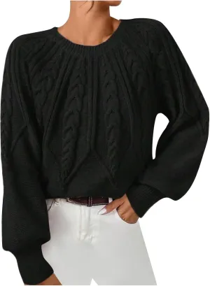 Cable Knit Sweater Women Crew Neck Long Sleeve Pullover Tops Sweater Soft Cute Solid Color Casual Jumper Tops