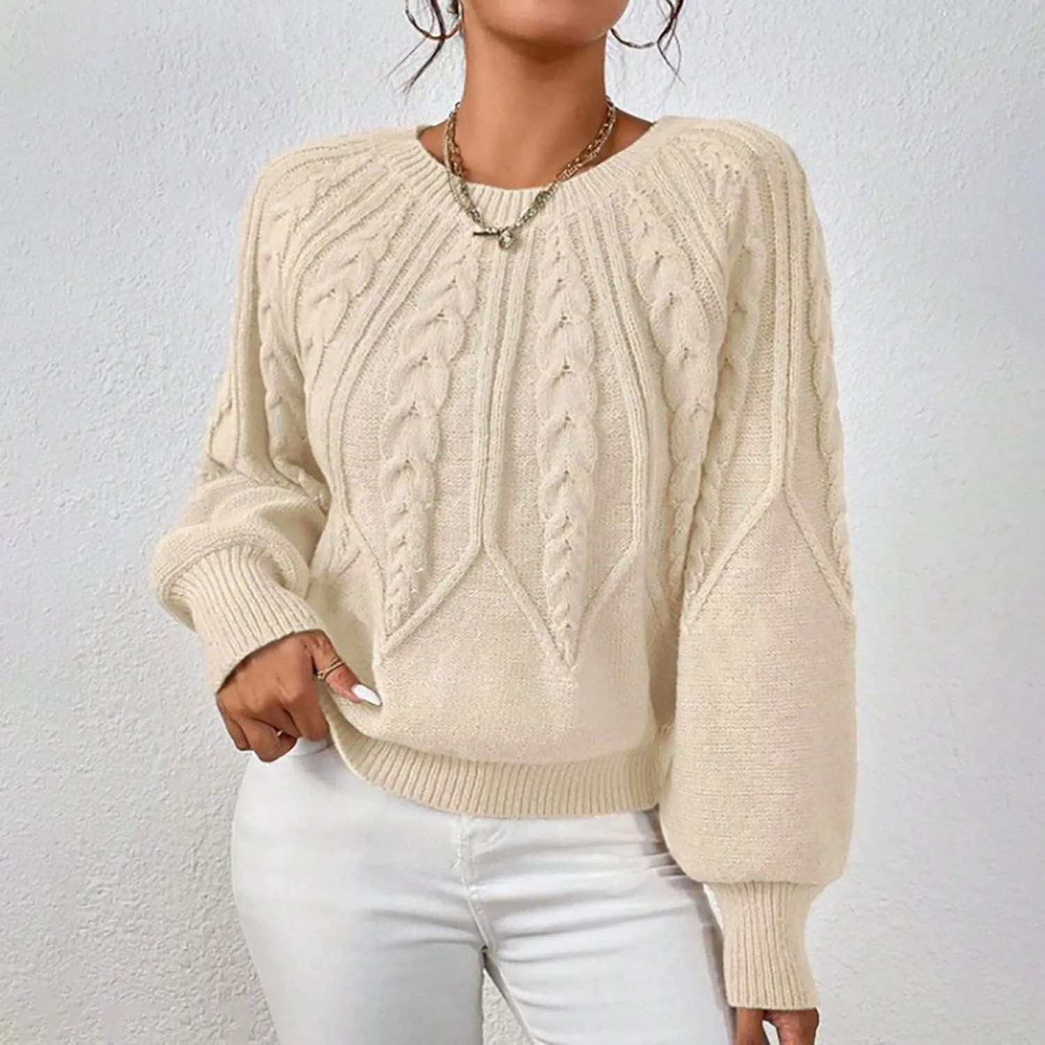 Cable Knit Sweater Women Crew Neck Long Sleeve Pullover Tops Sweater Soft Cute Solid Color Casual Jumper Tops