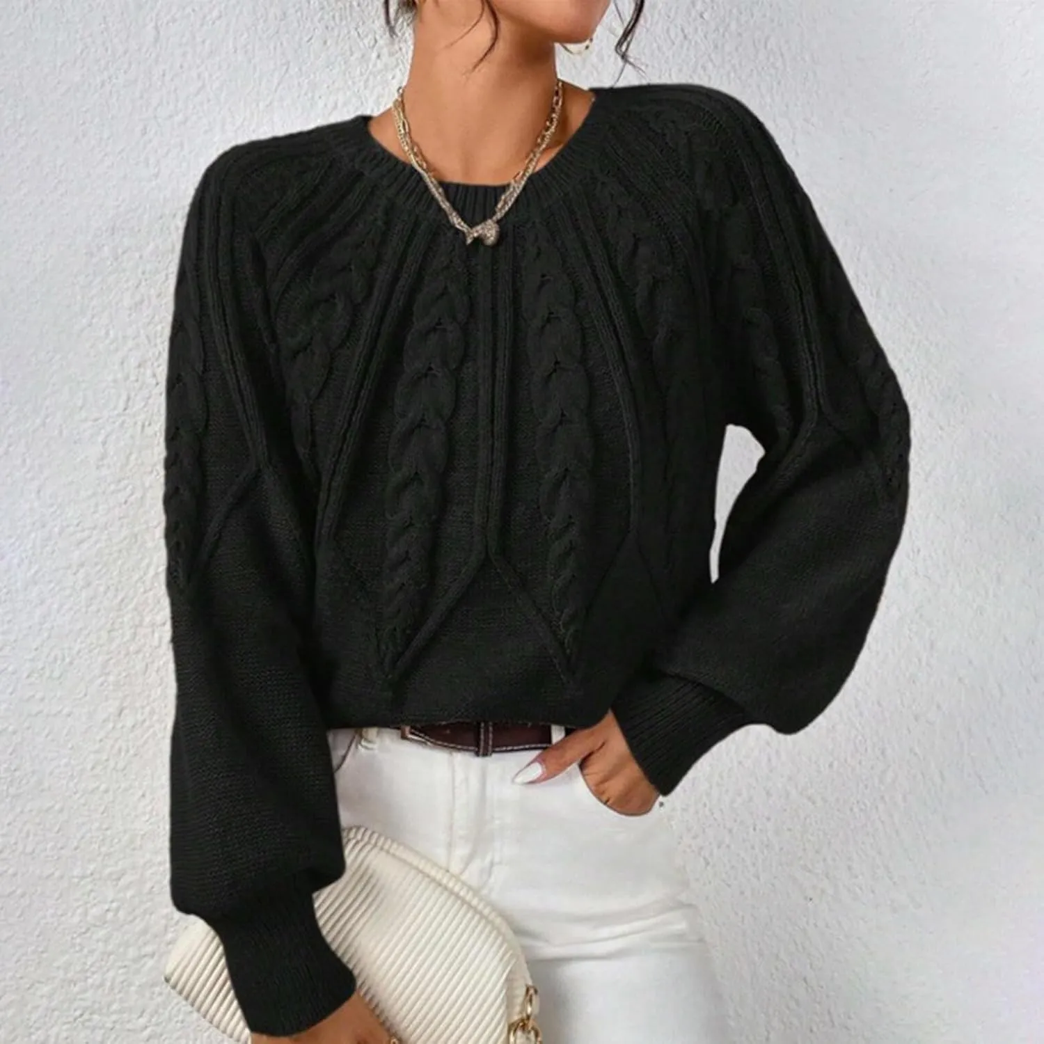 Cable Knit Sweater Women Crew Neck Long Sleeve Pullover Tops Sweater Soft Cute Solid Color Casual Jumper Tops