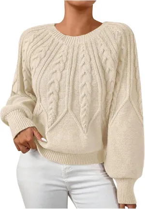 Cable Knit Sweater Women Crew Neck Long Sleeve Pullover Tops Sweater Soft Cute Solid Color Casual Jumper Tops