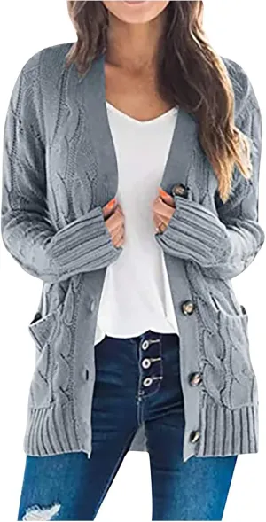 Cardigan for Women Sweaters Chunky Plus Size Long Sleeve Open Front Tops Cable Knit Coat with Pockets Button Outerwear