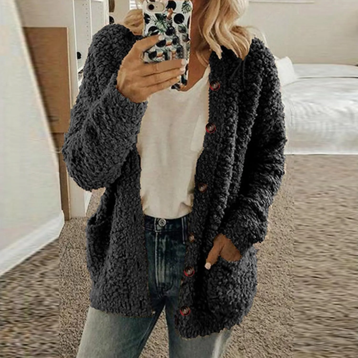 Cardigan Sweater For Women Long Sleeve Open Front Oversized Jackets Chunky Knit Sweaters Button Fall Coat With Pocket