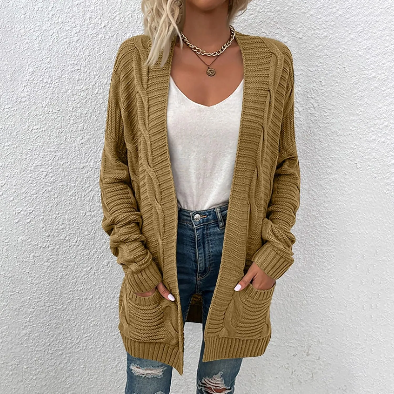 Cardigan Sweaters for Women Long Sleeve Open Front Cable Knit Cardigans with Pockets Dressy Casual Cozy Sweater Coats