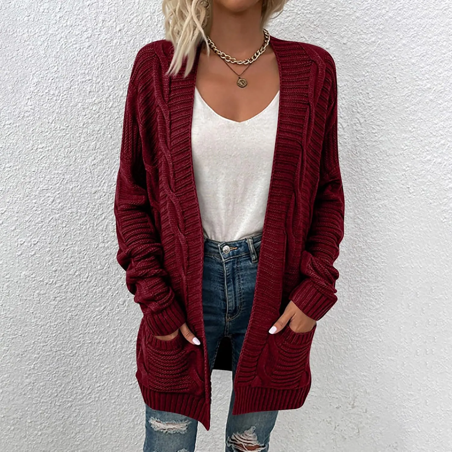 Cardigan Sweaters for Women Long Sleeve Open Front Cable Knit Cardigans with Pockets Dressy Casual Cozy Sweater Coats