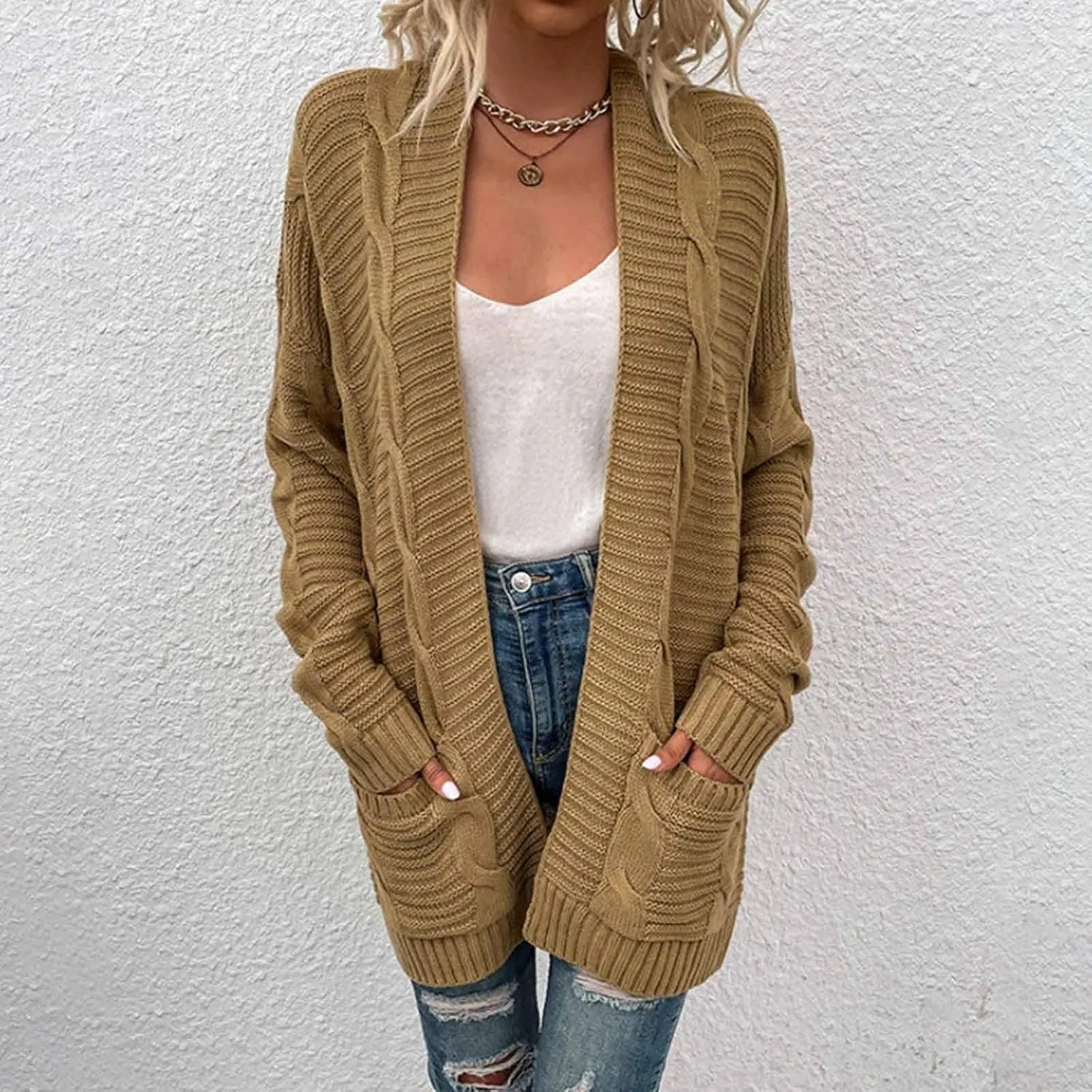 Cardigan Sweaters for Women Long Sleeve Open Front Cable Knit Cardigans with Pockets Dressy Casual Cozy Sweater Coats