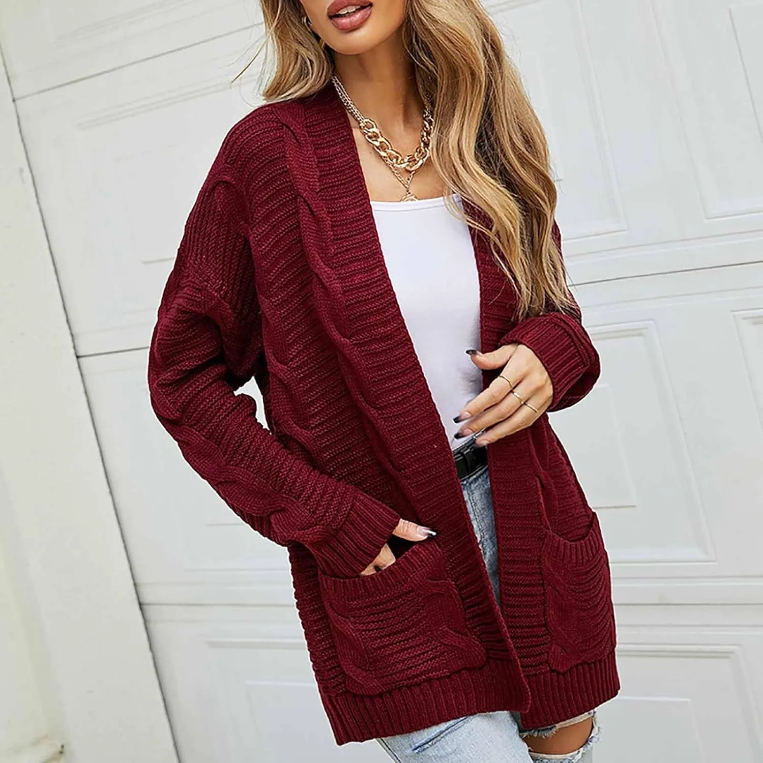 Cardigan Sweaters for Women Long Sleeve Open Front Cable Knit Cardigans with Pockets Dressy Casual Cozy Sweater Coats