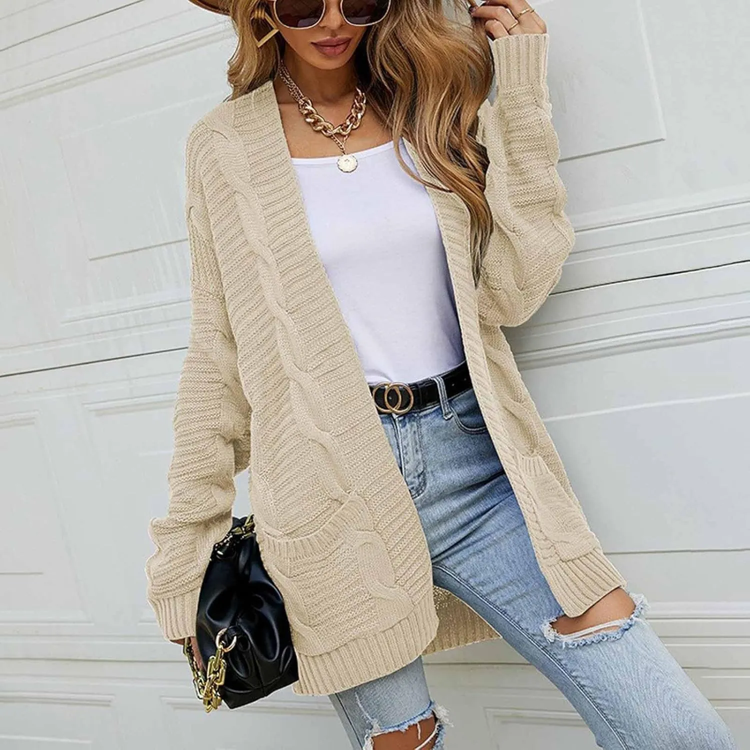 Cardigan Sweaters for Women Long Sleeve Open Front Cable Knit Cardigans with Pockets Dressy Casual Cozy Sweater Coats