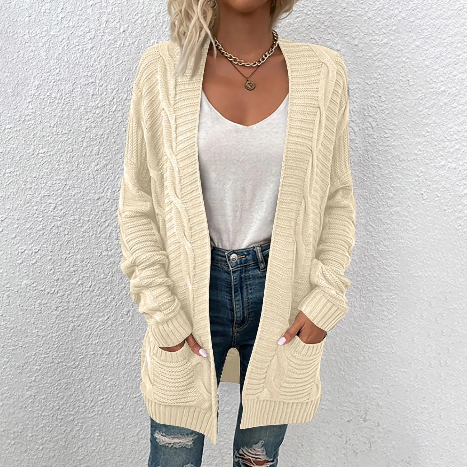 Cardigan Sweaters for Women Long Sleeve Open Front Cable Knit Cardigans with Pockets Dressy Casual Cozy Sweater Coats